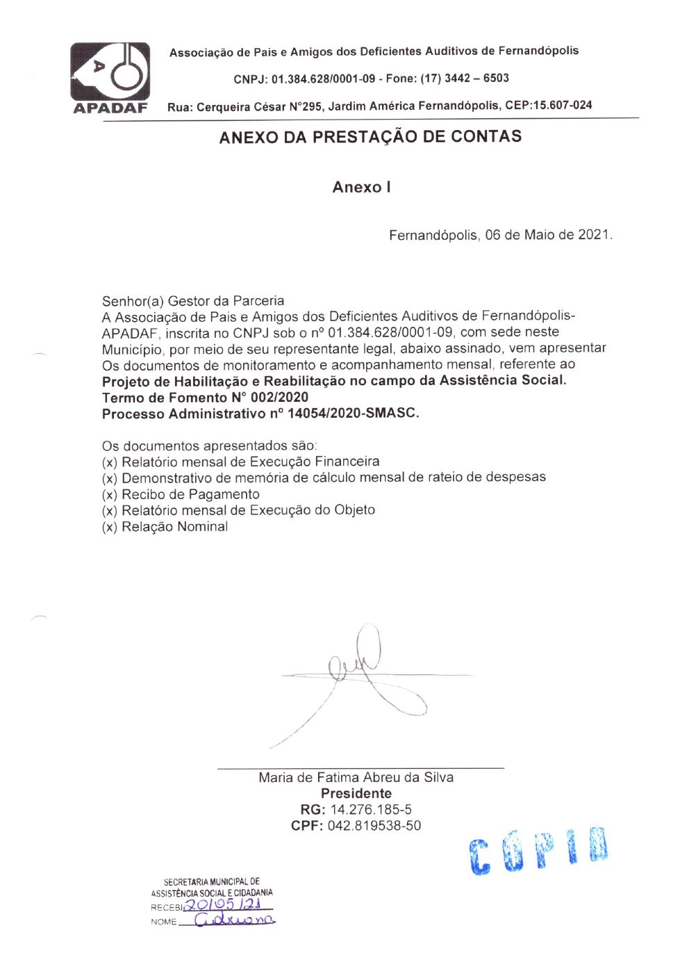Página 1 de Prestação de Contas Mensal — Habilitação e Reabilitação — 4ª Parcela — Maio/2021