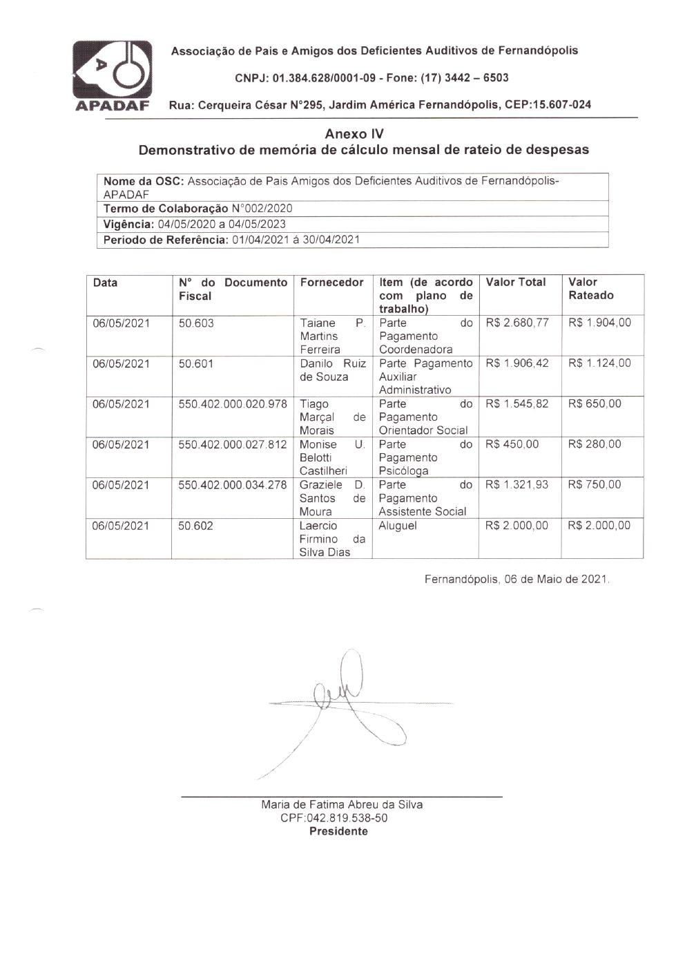 Página 4 de Prestação de Contas Mensal — Habilitação e Reabilitação — 4ª Parcela — Maio/2021