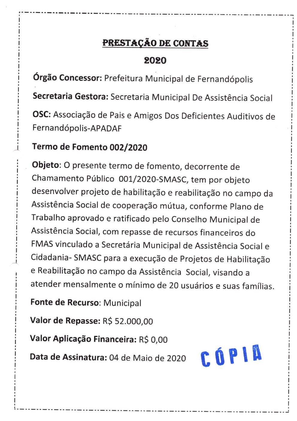Página 1 de Prestação de Contas Anual — Habilitação e Reabilitação — 2020 — Parte 1