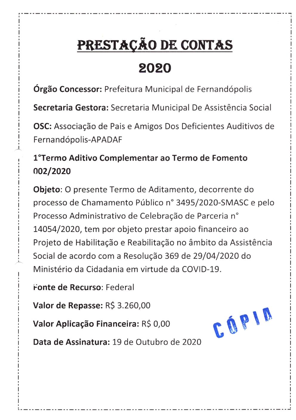Página 1 de Prestação de Contas — 1º Termo Aditivo (COVID-19) ao Termo de Fomento nº 002/2020 — 2020