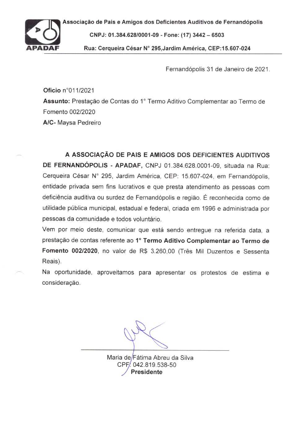 Página 2 de Prestação de Contas — 1º Termo Aditivo (COVID-19) ao Termo de Fomento nº 002/2020 — 2020