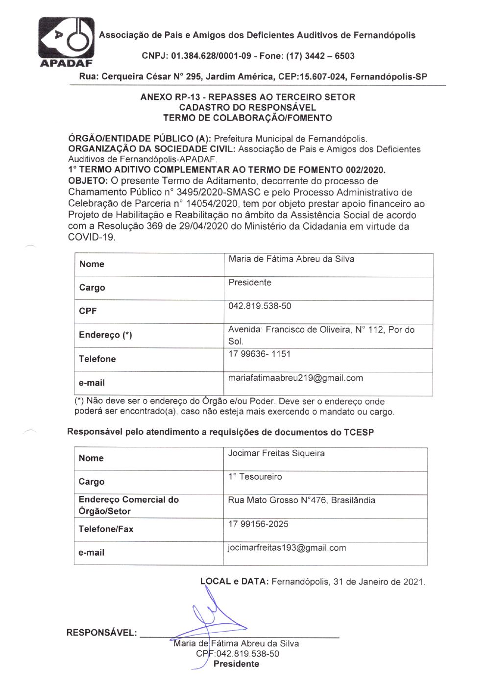 Página 4 de Prestação de Contas — 1º Termo Aditivo (COVID-19) ao Termo de Fomento nº 002/2020 — 2020