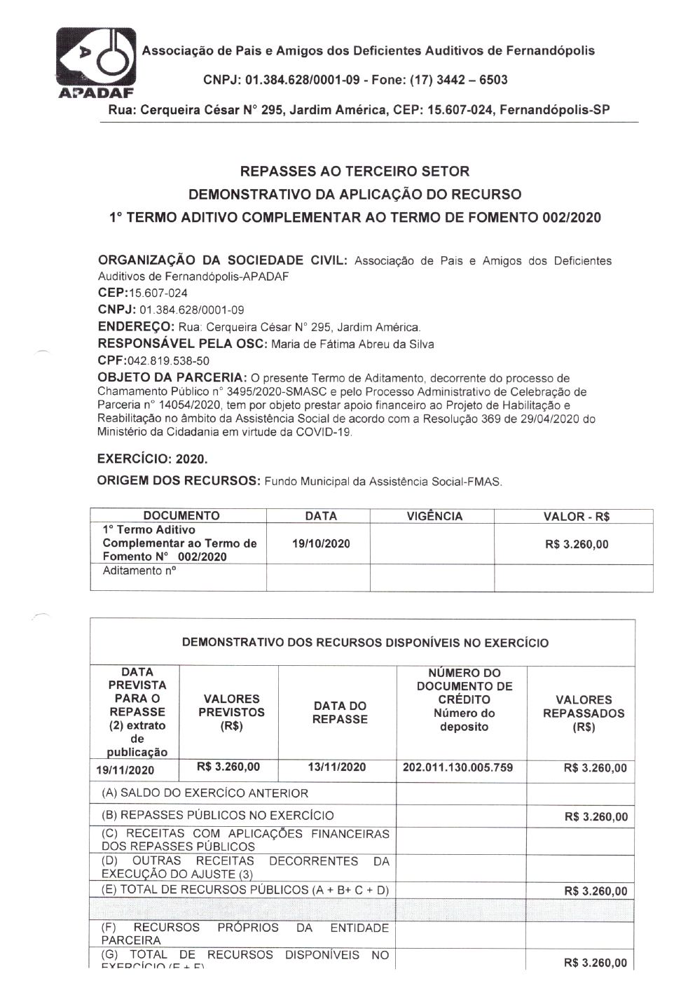 Página 9 de Prestação de Contas — 1º Termo Aditivo (COVID-19) ao Termo de Fomento nº 002/2020 — 2020