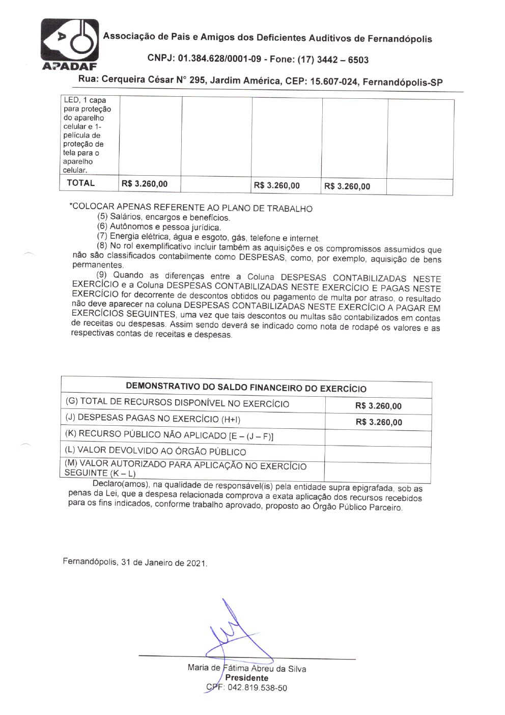 Página 11 de Prestação de Contas — 1º Termo Aditivo (COVID-19) ao Termo de Fomento nº 002/2020 — 2020