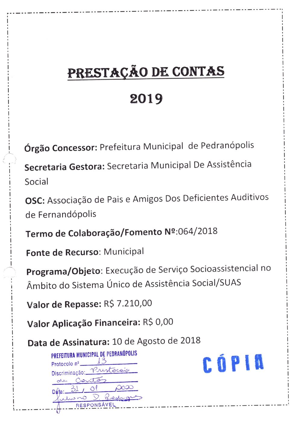 Página 1 de Prestação de Contas Anual — Pedranópolis — 2019 — Volume 1