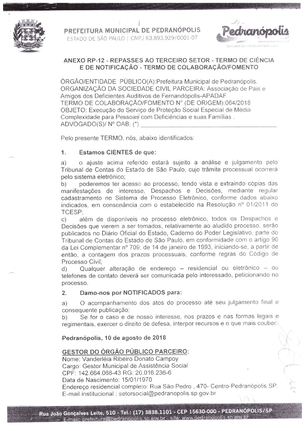 Página 10 de Prestação de Contas Anual — Pedranópolis — 2019 — Volume 1