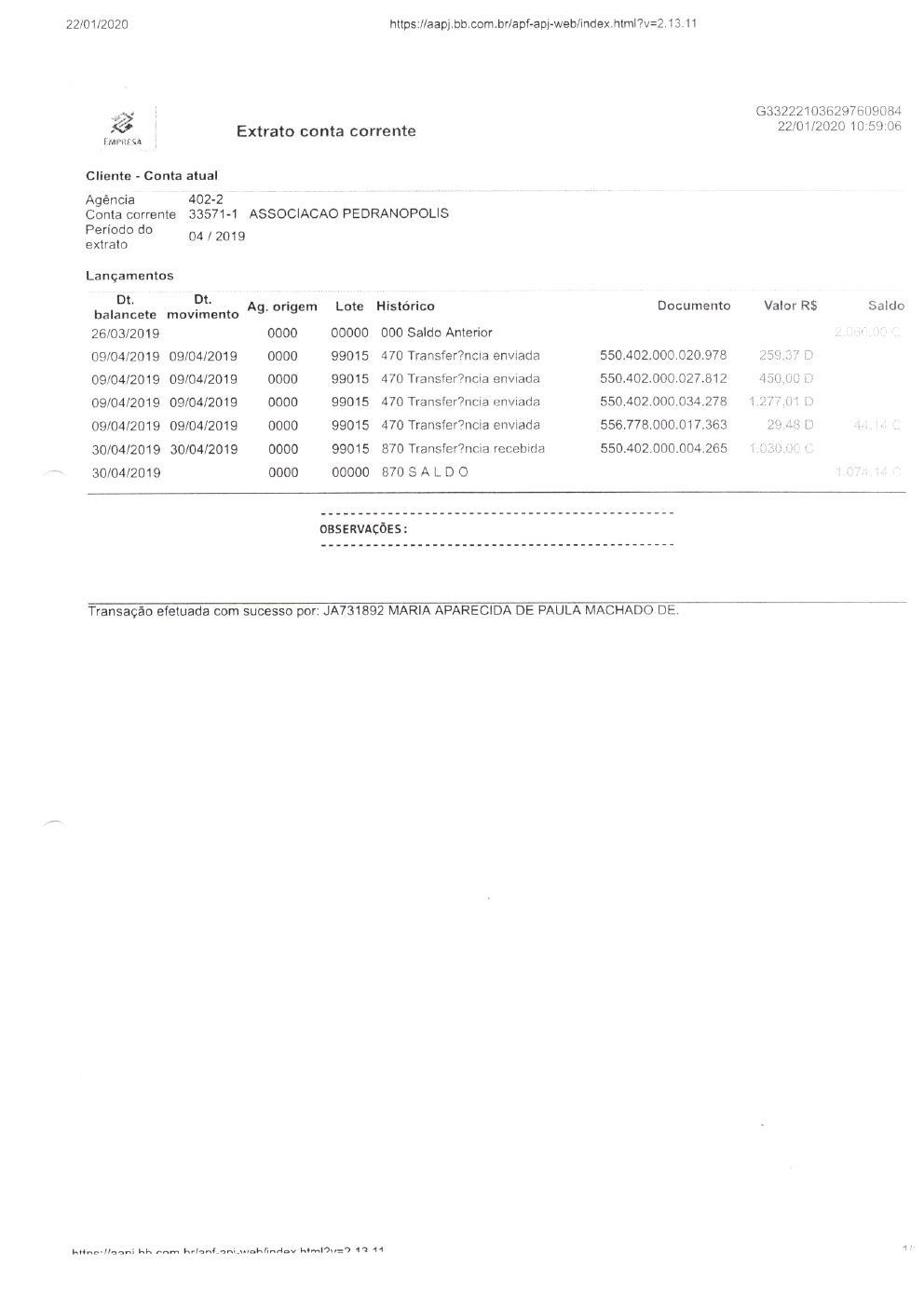 Página 1 de Prestação de Contas Anual — Pedranópolis — 2019 — Volume 2 (Extratos e Comprovantes)