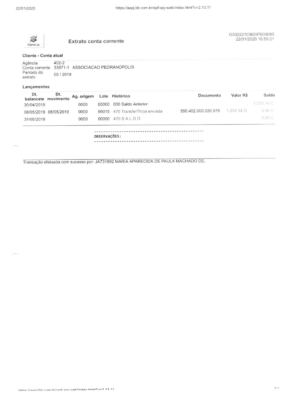 Página 6 de Prestação de Contas Anual — Pedranópolis — 2019 — Volume 2 (Extratos e Comprovantes)