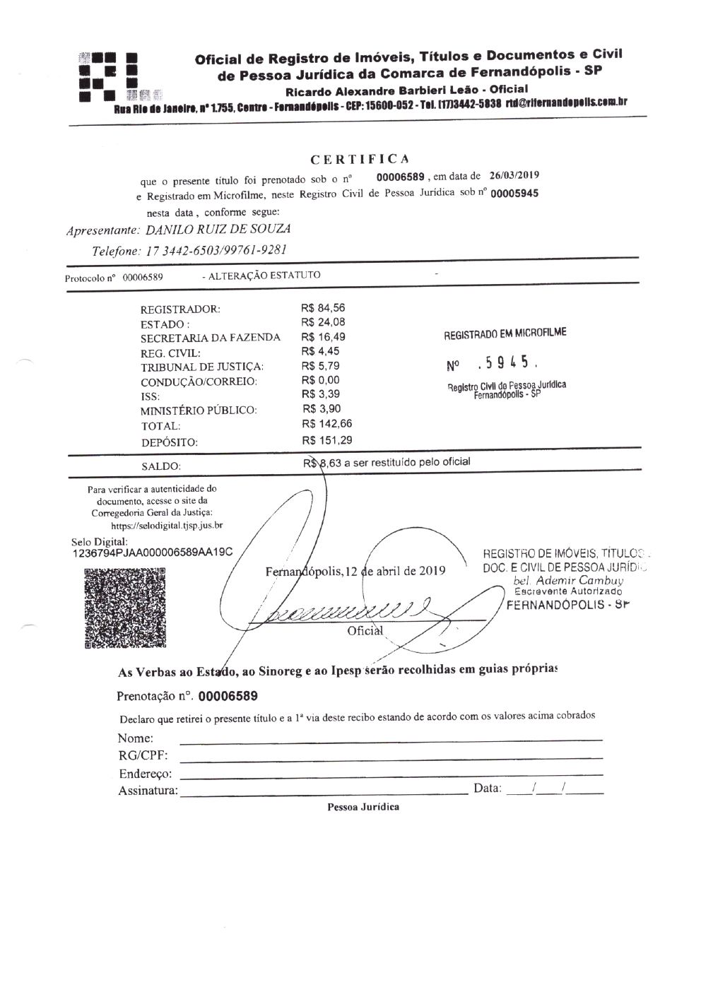 Página 4 de Prestação de Contas Anual — Pedranópolis — 2019 — Volume 3 (Documentos Institucionais)