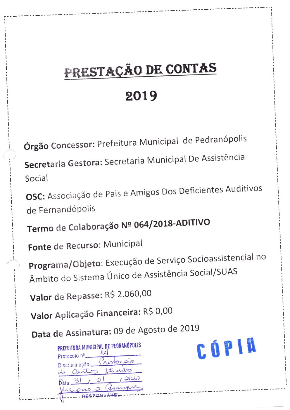 Página 1 de Prestação de Contas Anual — Pedranópolis — 2019 — Volume 4