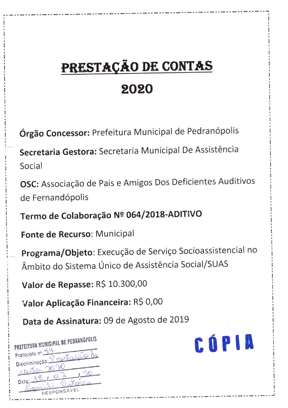 Página 1 de Prestação de Contas Anual — Pedranópolis — 2020 — Volume 1