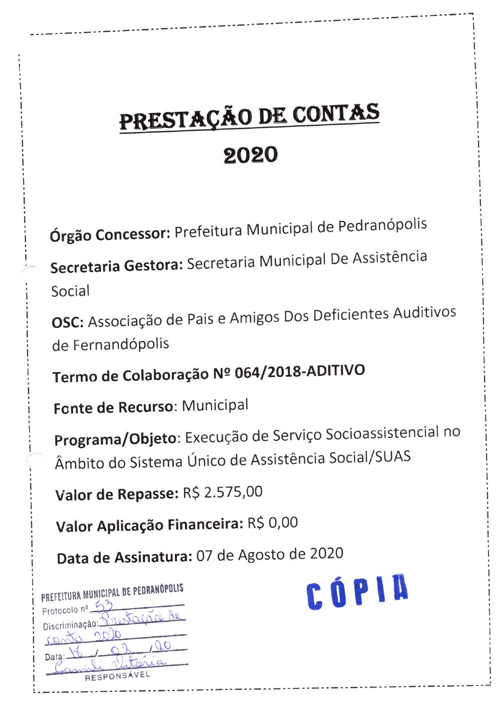 Página 1 de Prestação de Contas Anual — Pedranópolis — 2020 — Volume 3