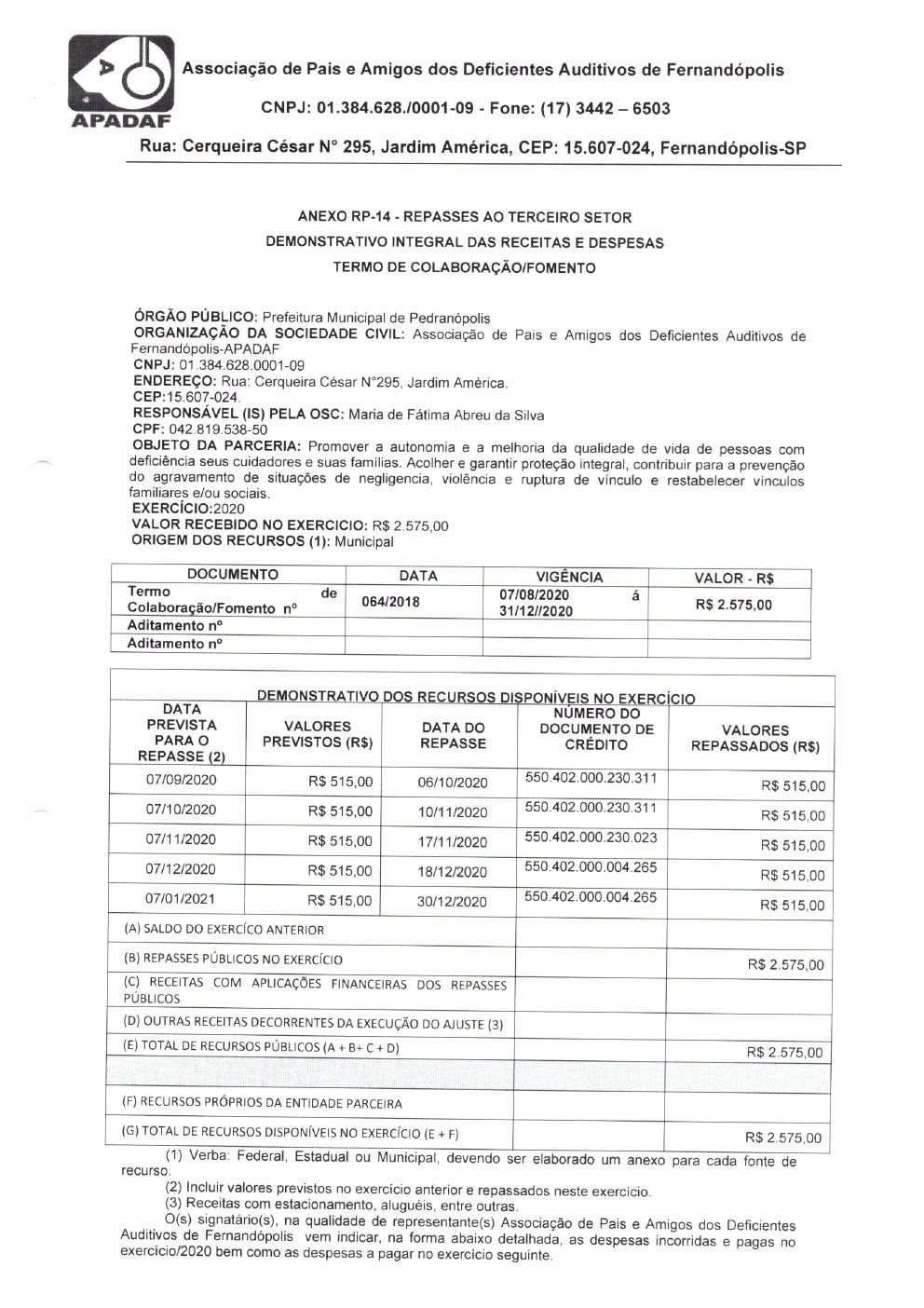 Página 22 de Prestação de Contas Anual — Pedranópolis — 2020 — Volume 4 (Extratos e Comprovantes)