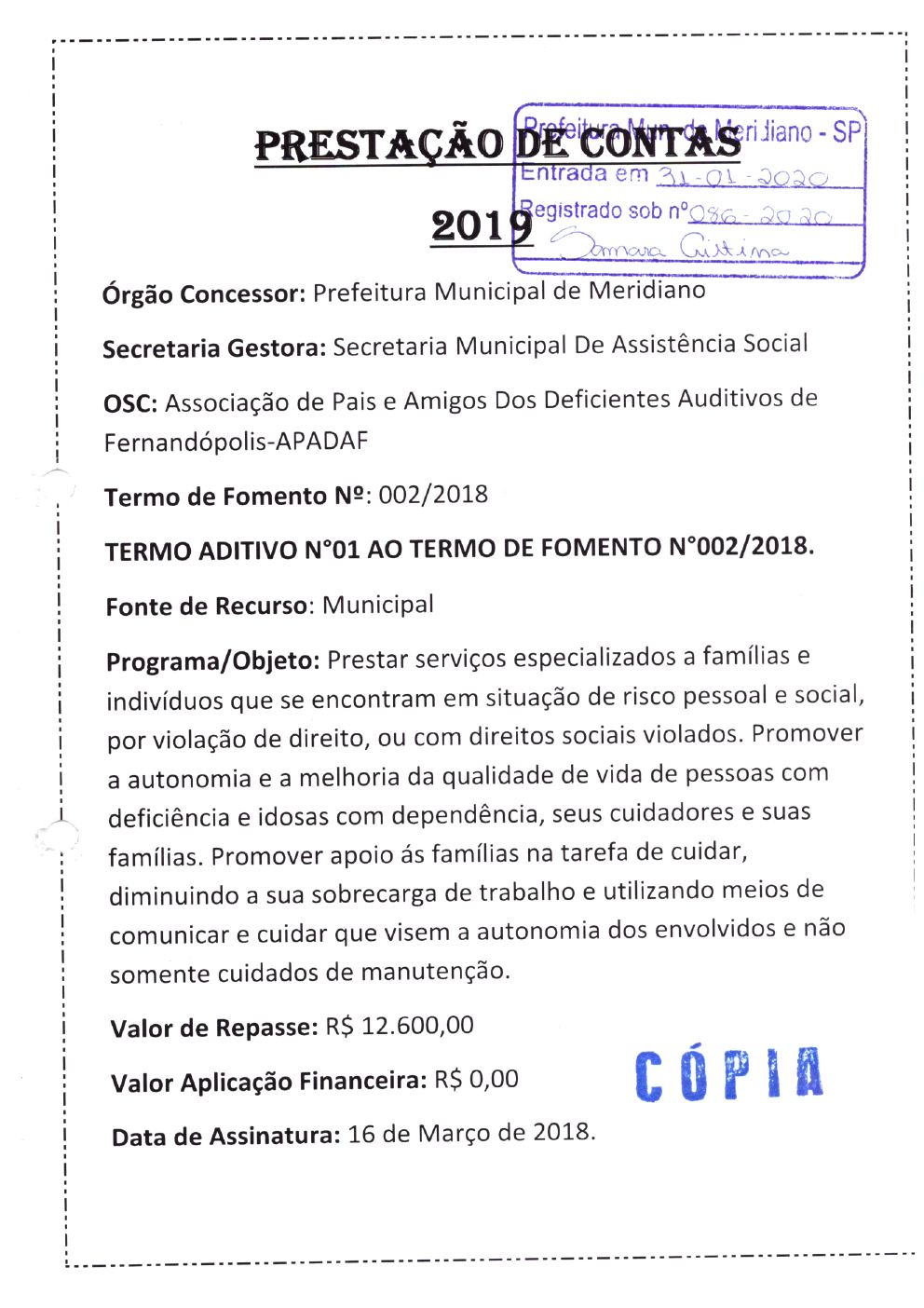 Página 1 de Prestação de Contas Anual — Meridiano — 2019 — Volume 1