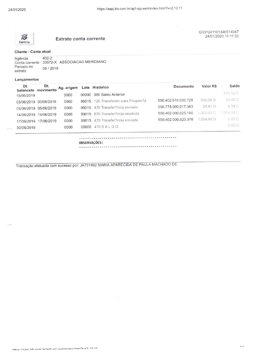 Página 1 de Prestação de Contas Anual — Meridiano — 2019 — Volume 3 (Extratos e Comprovantes)