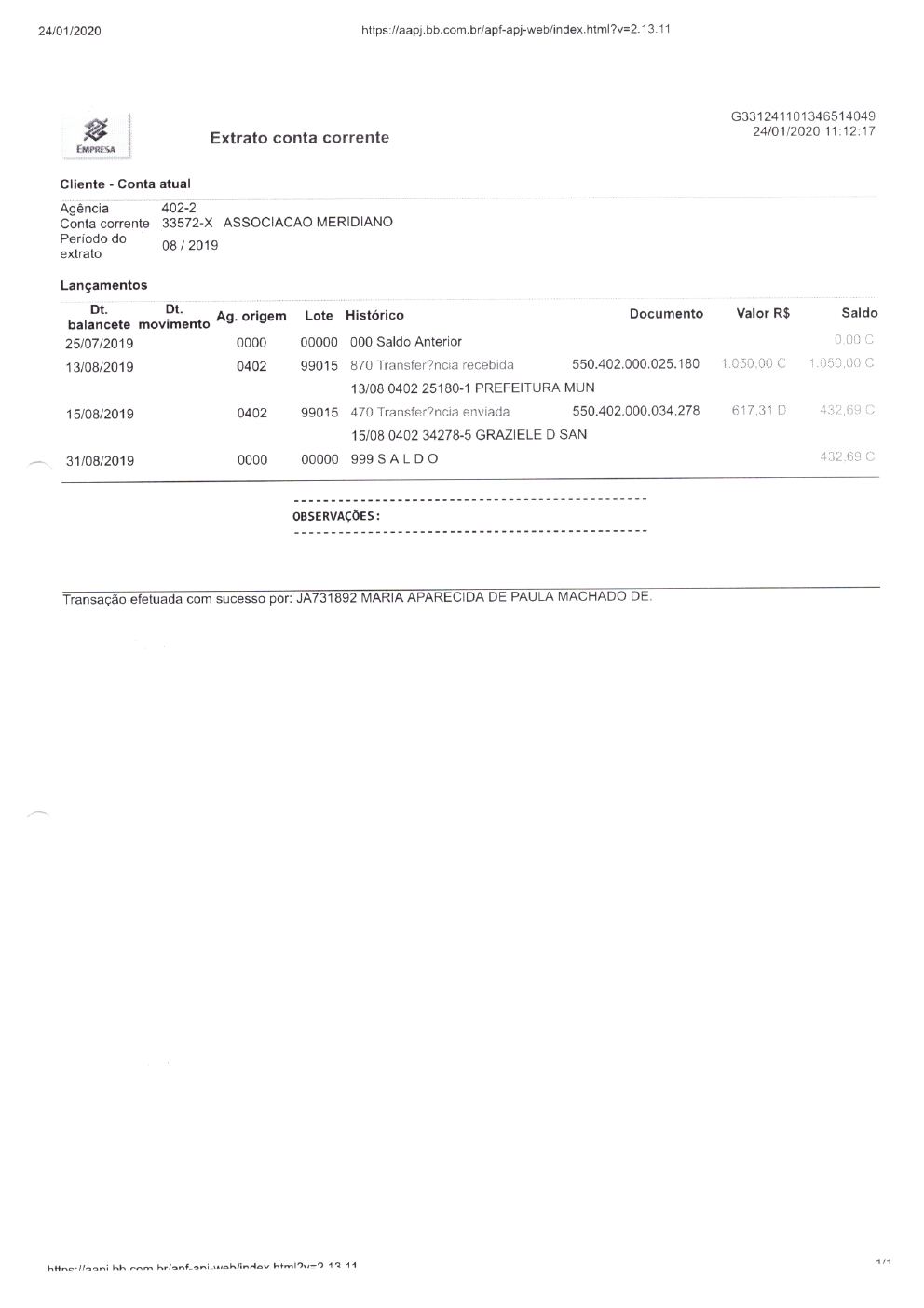 Página 7 de Prestação de Contas Anual — Meridiano — 2019 — Volume 3 (Extratos e Comprovantes)