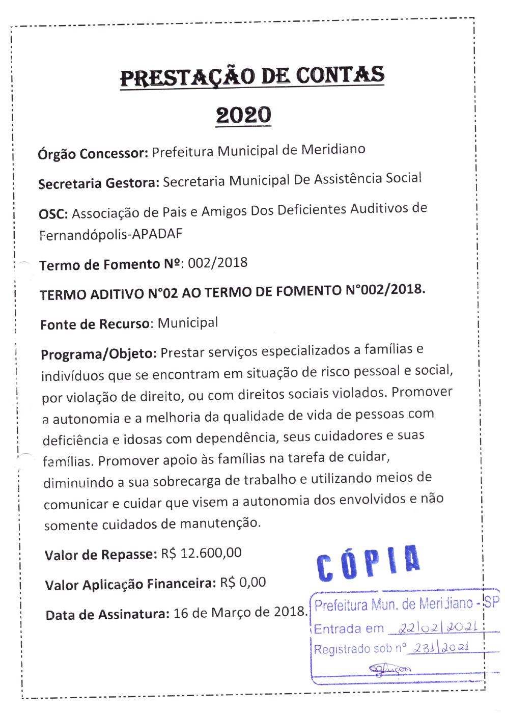 Página 1 de Prestação de Contas Anual — Meridiano — 2020 — Volume 1
