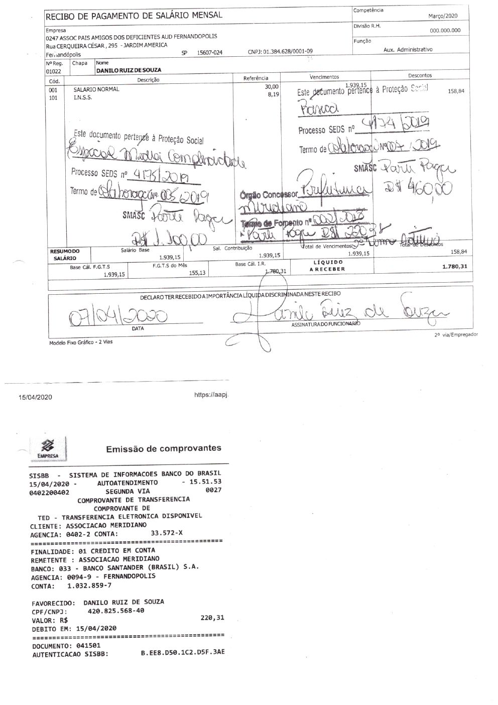 Página 3 de Prestação de Contas Anual — Meridiano — 2020 — Volume 2 (Recibos e Comprovantes)