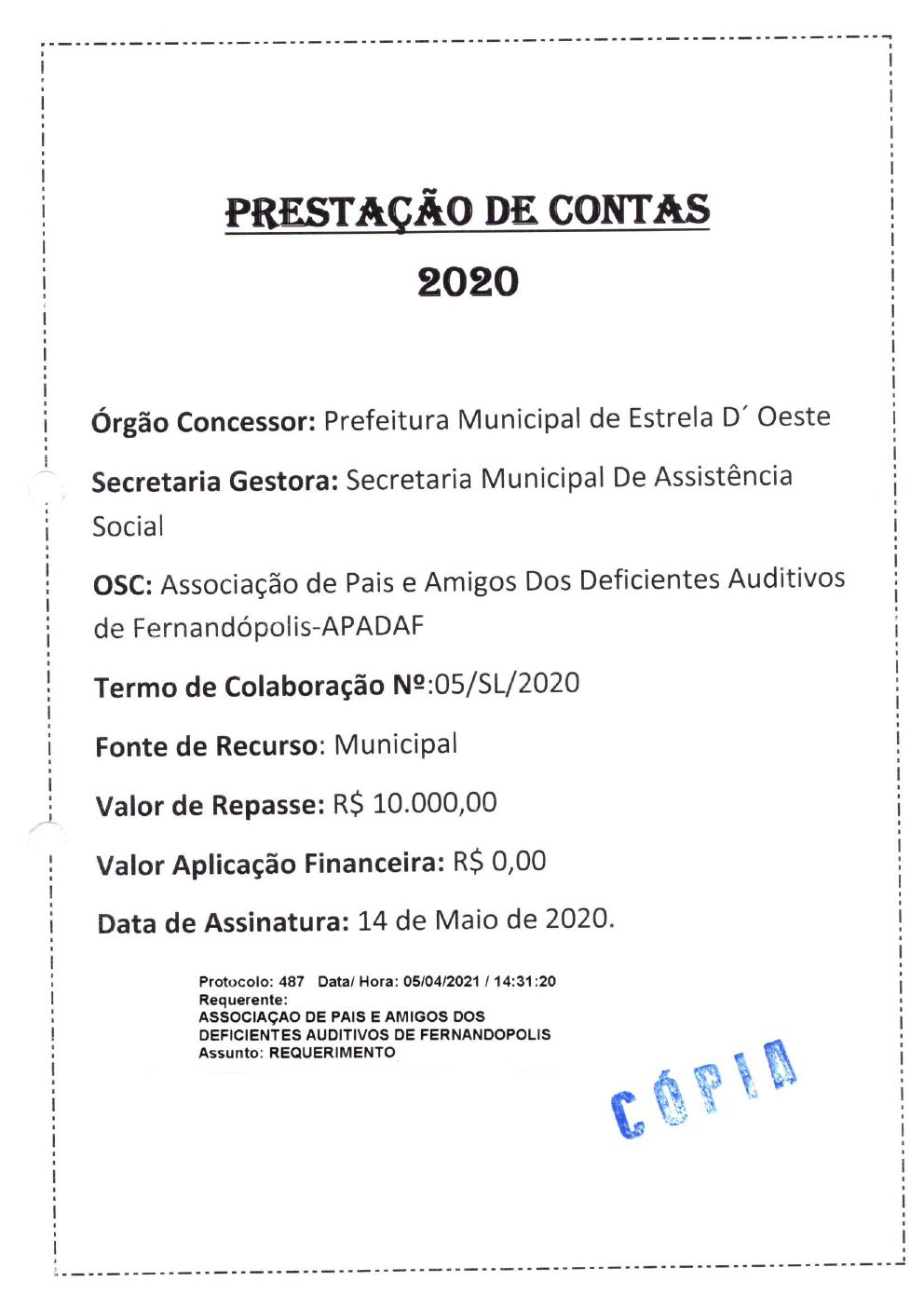 Página 1 de Prestação de Contas Anual — Estrela d'Oeste — 2020