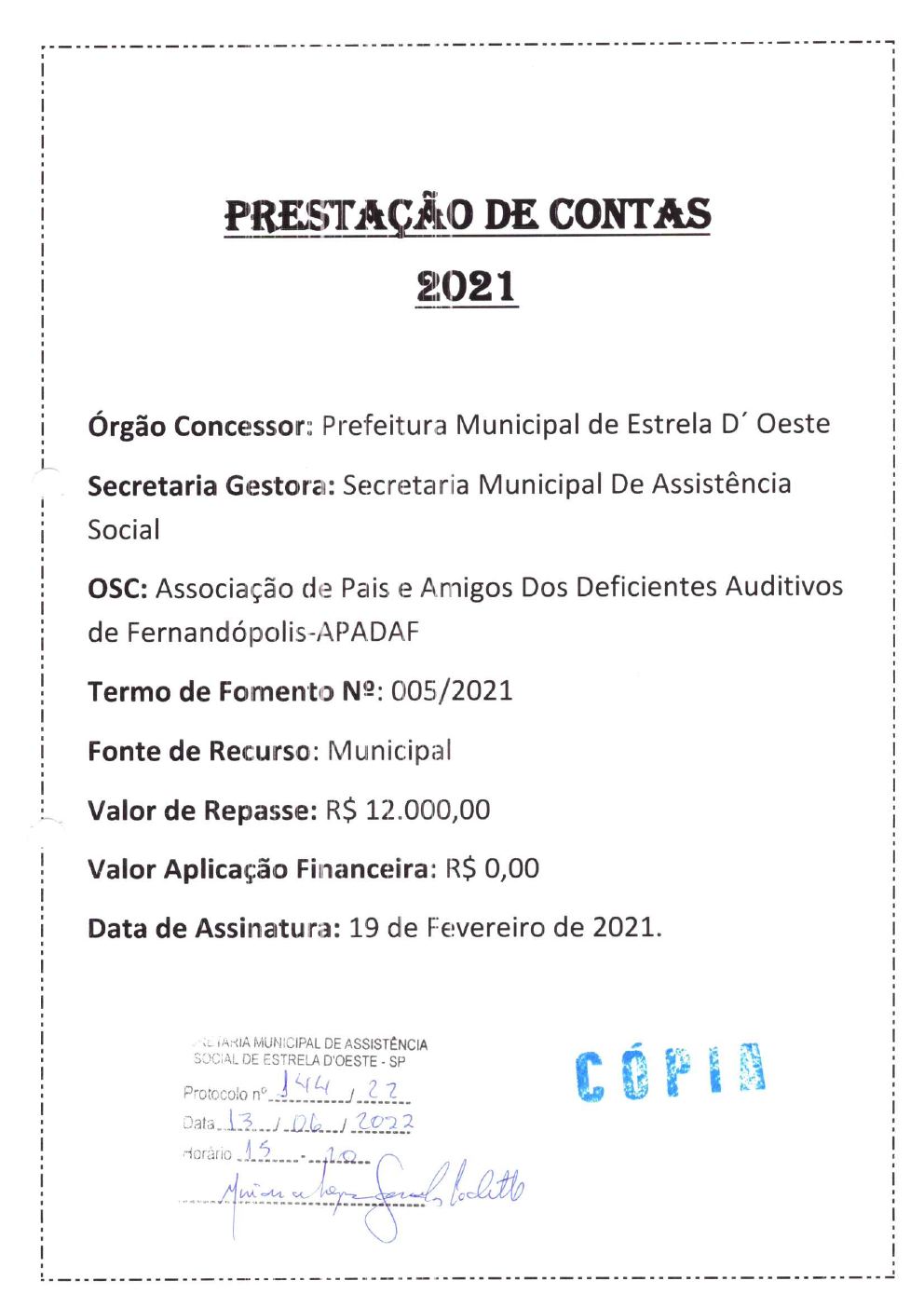 Página 1 de Prestação de Contas Anual — Estrela d'Oeste — 2021