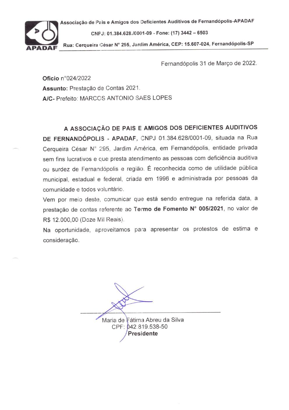 Página 2 de Prestação de Contas Anual — Estrela d'Oeste — 2021