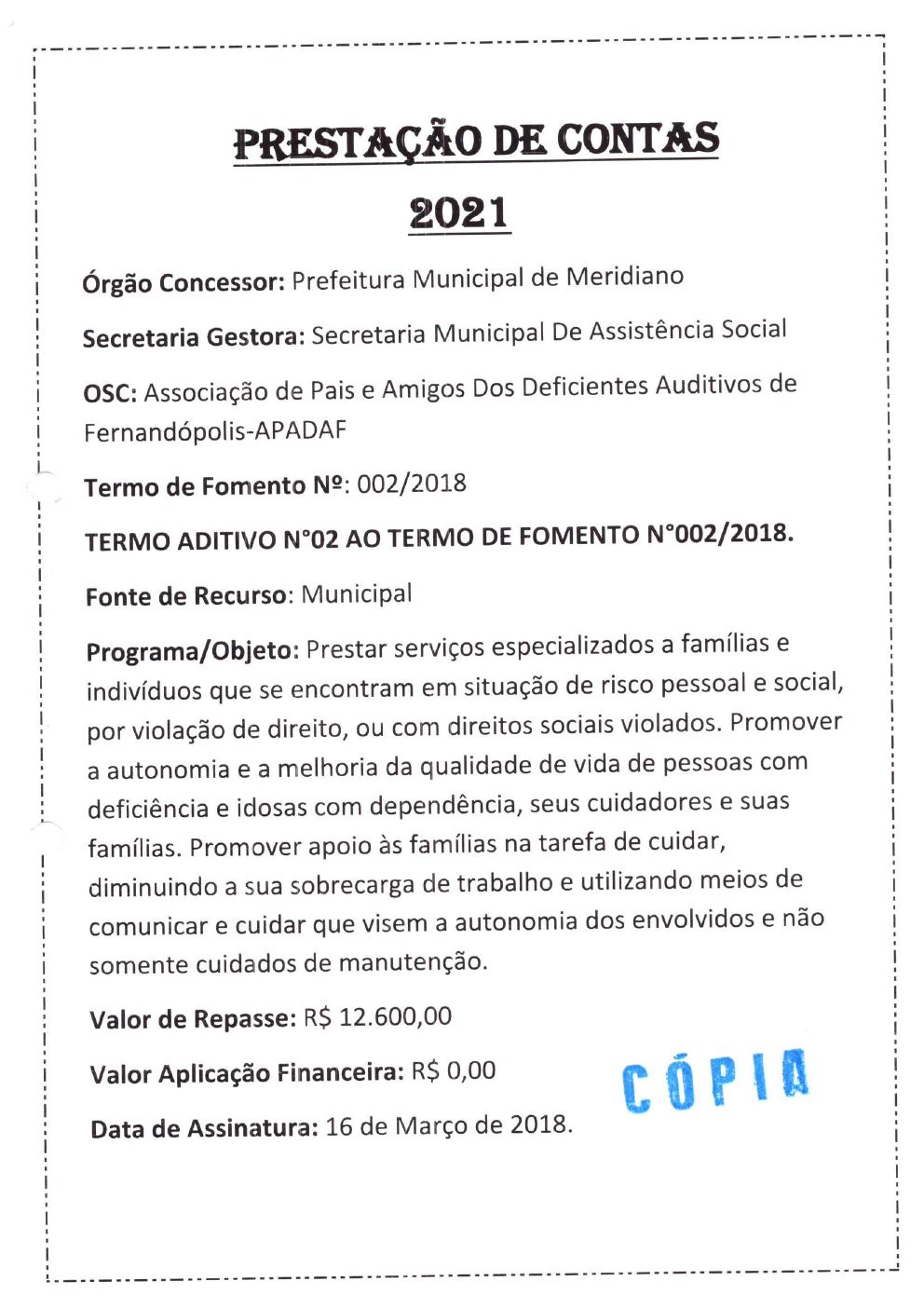 Página 1 de Prestação de Contas Anual — Meridiano — 2021