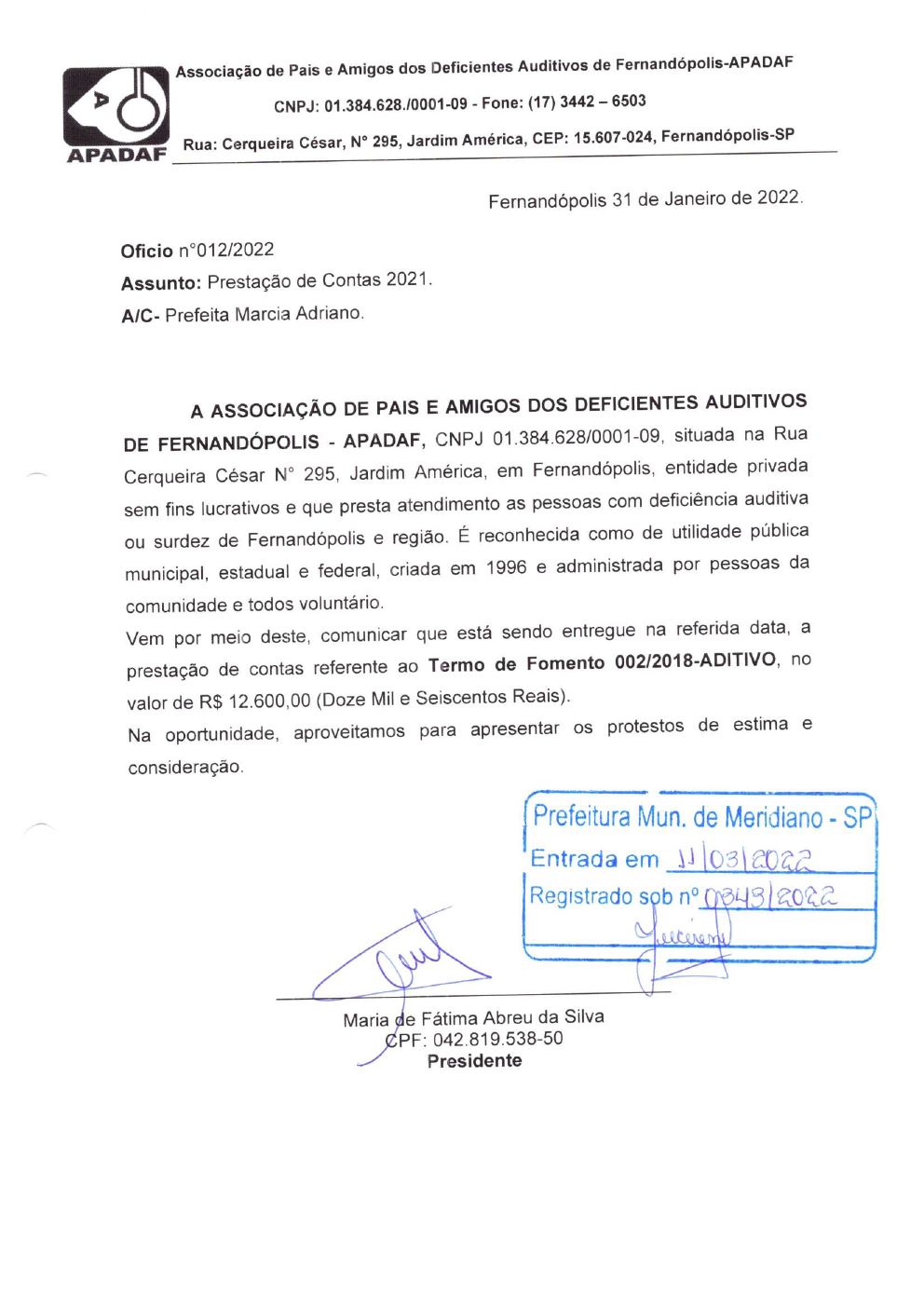 Página 2 de Prestação de Contas Anual — Meridiano — 2021