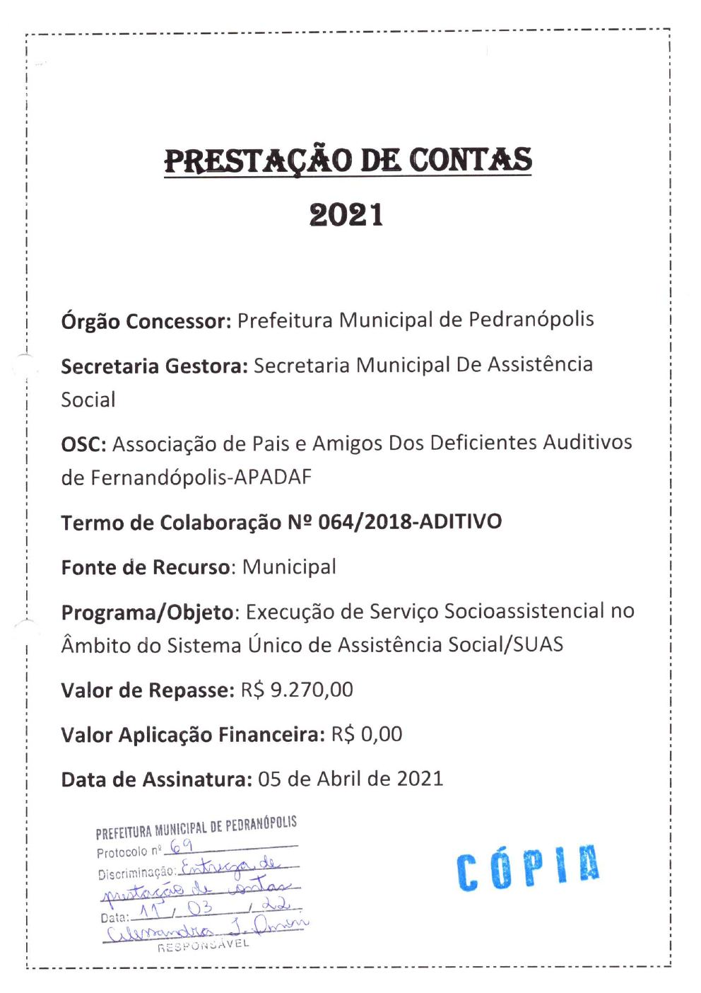 Página 1 de Prestação de Contas Anual — Pedranópolis — 2021 — Volume 1