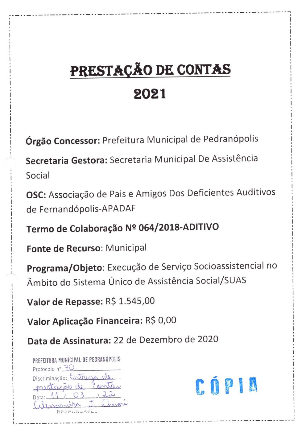 Página 1 de Prestação de Contas Anual — Pedranópolis — 2021 — Volume 2