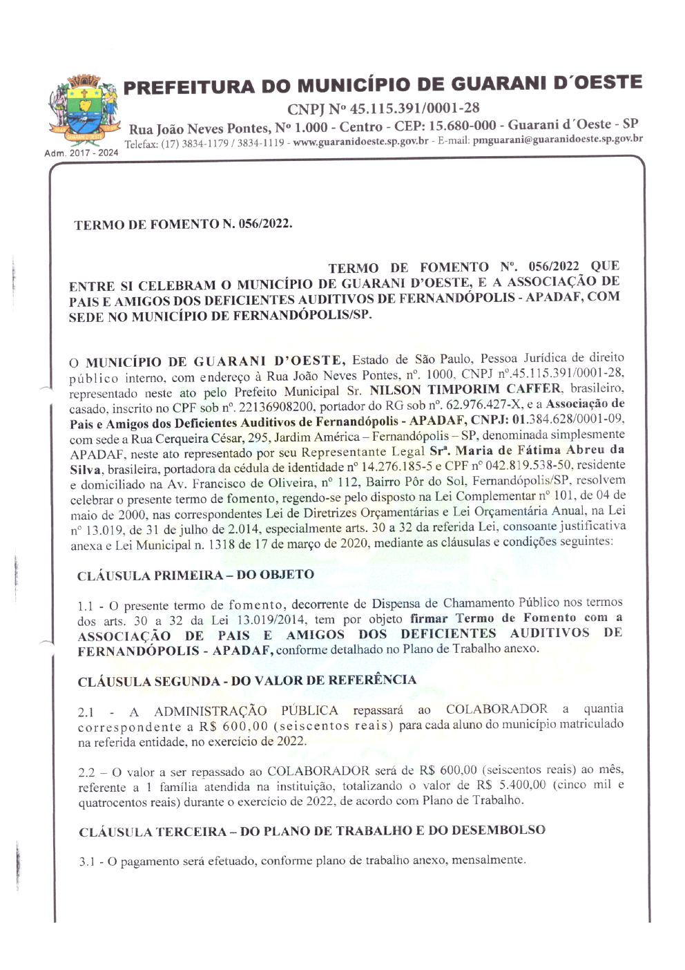 Página 1 de Termo de Fomento nº 056/2022 — Guarani d'Oeste — 2022