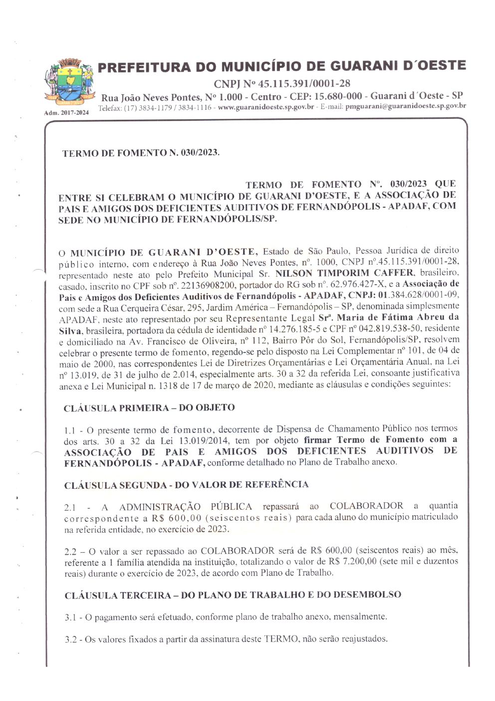 Página 1 de Termo de Fomento nº 030/2023 — Guarani d'Oeste — 2023