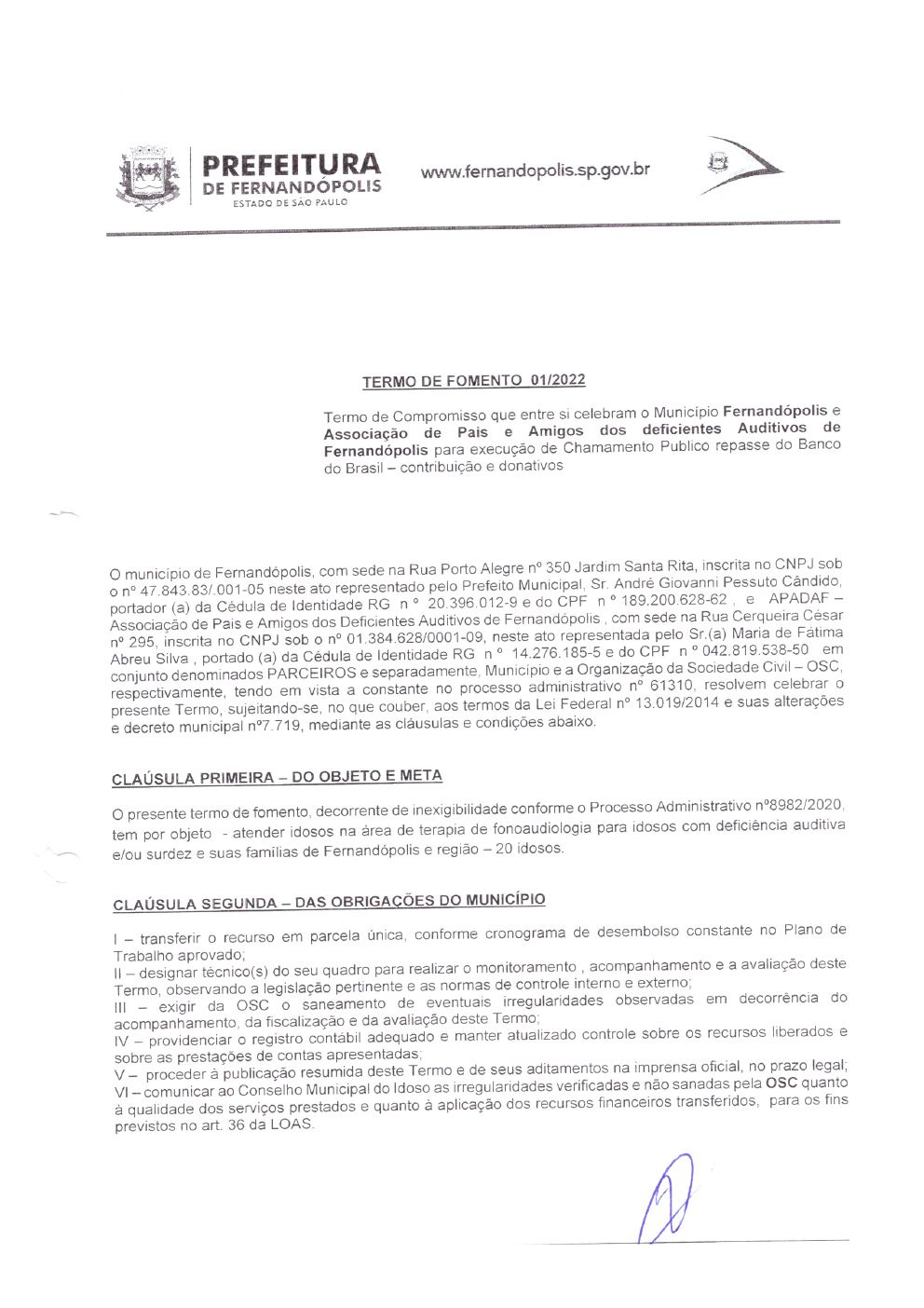 Página 1 de Termo de Fomento nº 01/2022 — Projeto Escutar — 2022
