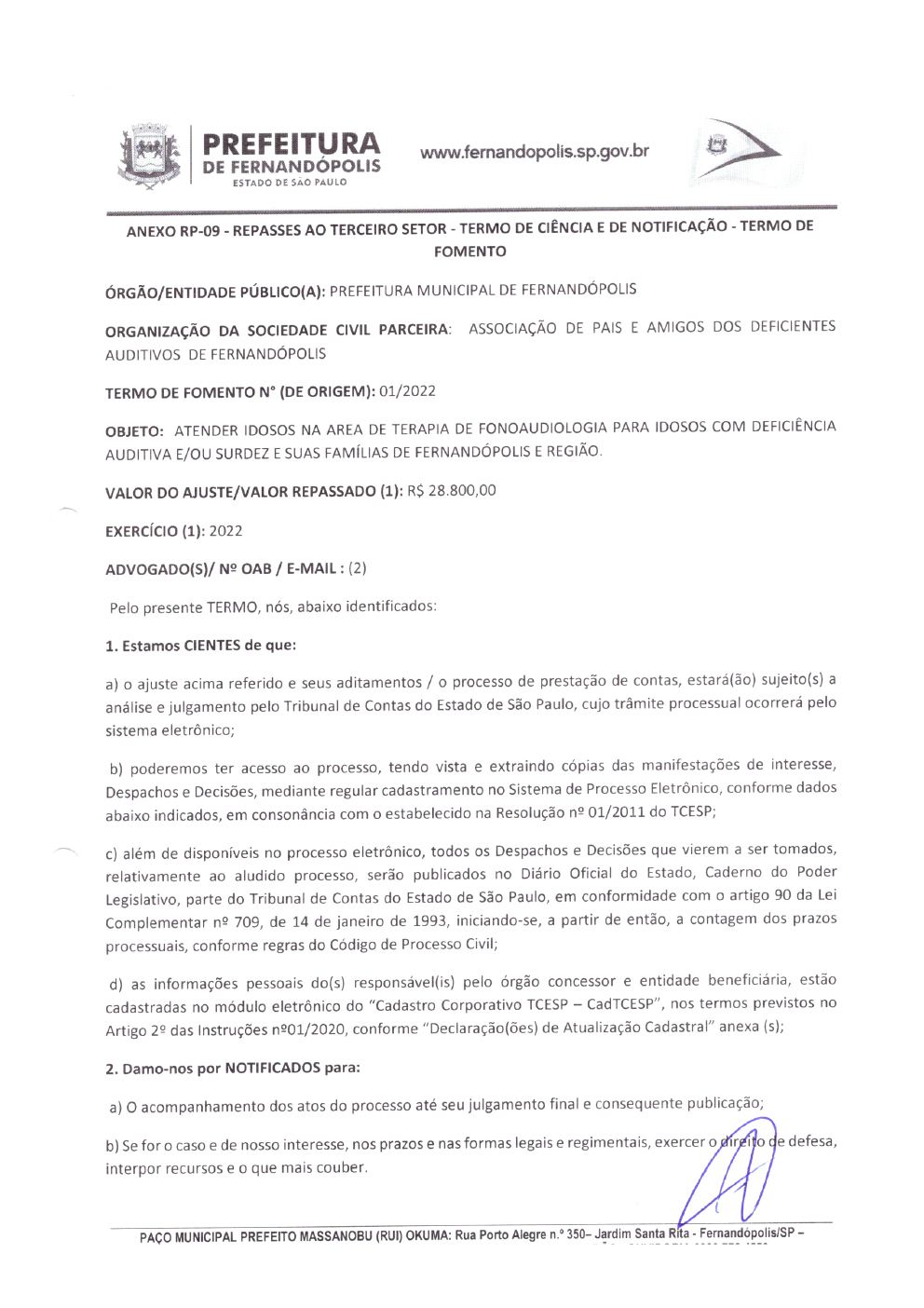 Página 6 de Termo de Fomento nº 01/2022 — Projeto Escutar — 2022