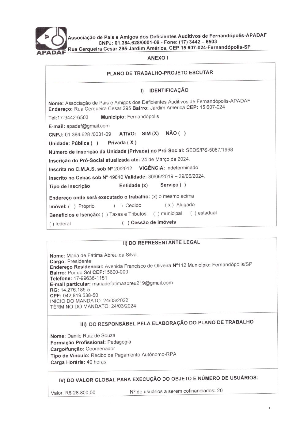 Página 1 de Plano de Trabalho — Projeto Escutar
