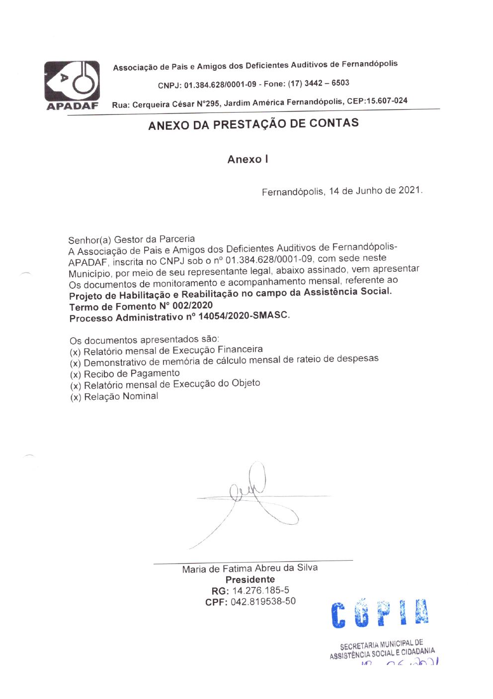 Página 1 de Prestação de Contas Mensal — Habilitação e Reabilitação — 5ª Parcela — Junho/2021