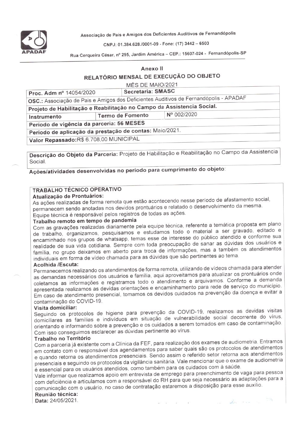 Página 5 de Prestação de Contas Mensal — Habilitação e Reabilitação — 5ª Parcela — Junho/2021
