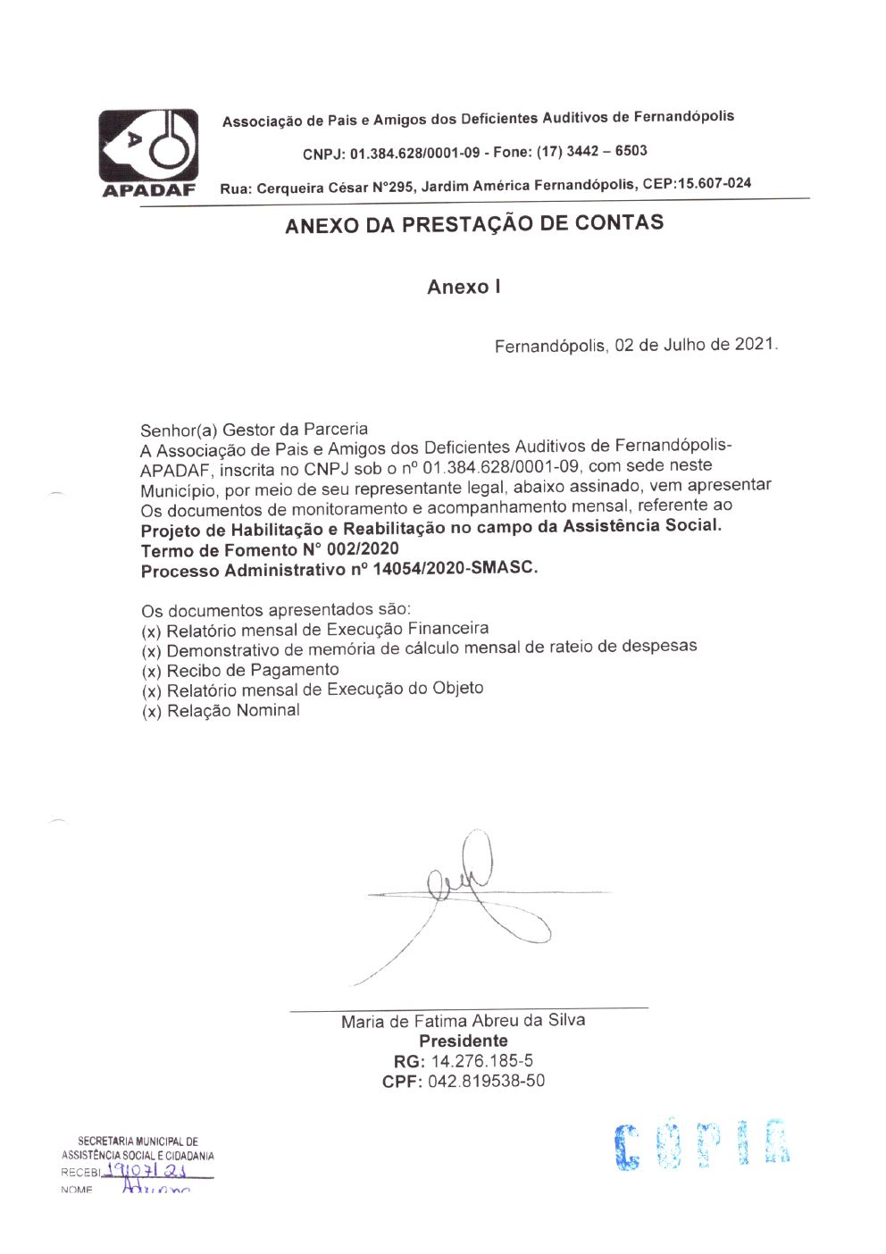 Página 1 de Prestação de Contas Mensal — Habilitação e Reabilitação — 6ª Parcela — Julho/2021