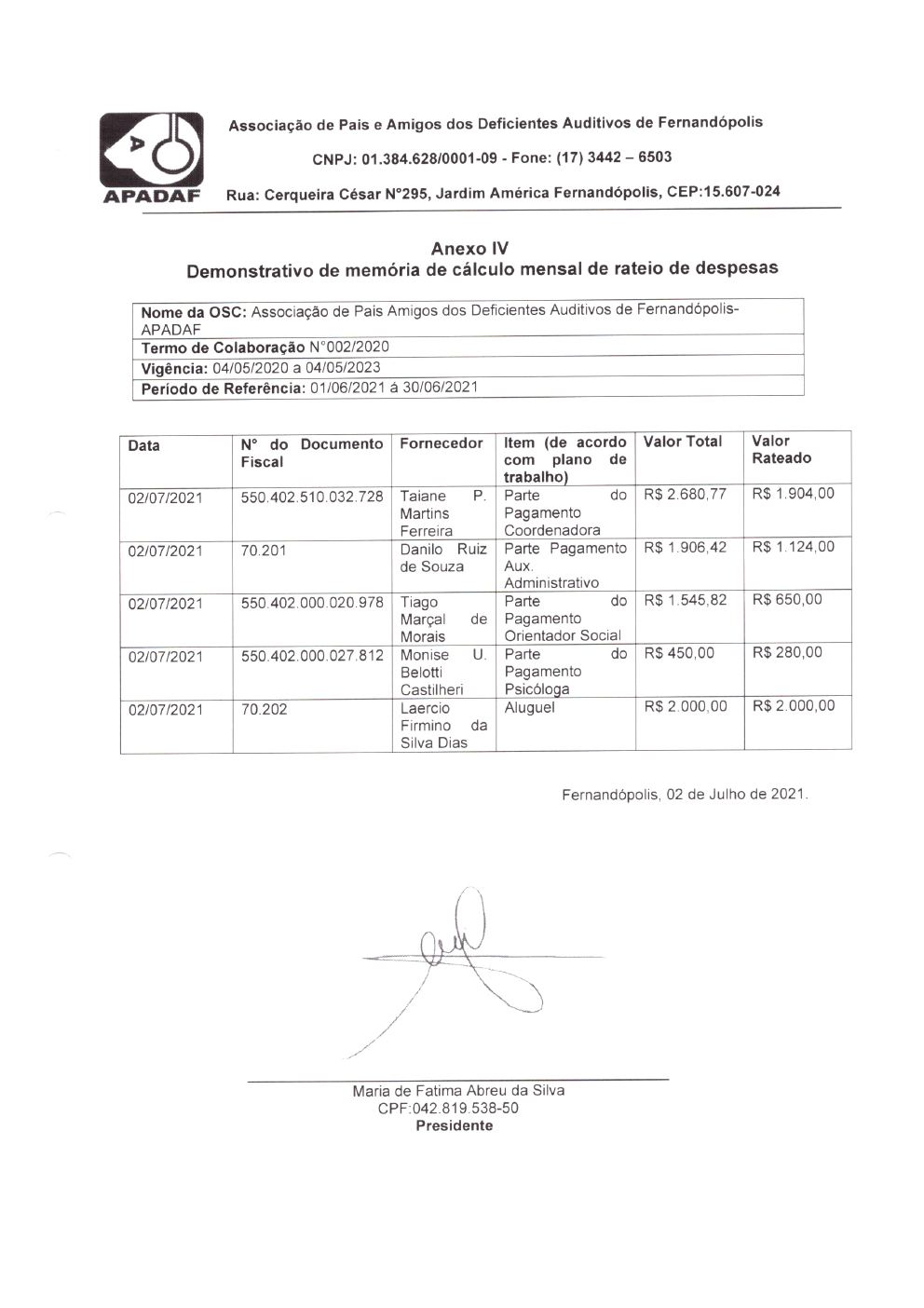 Página 4 de Prestação de Contas Mensal — Habilitação e Reabilitação — 6ª Parcela — Julho/2021