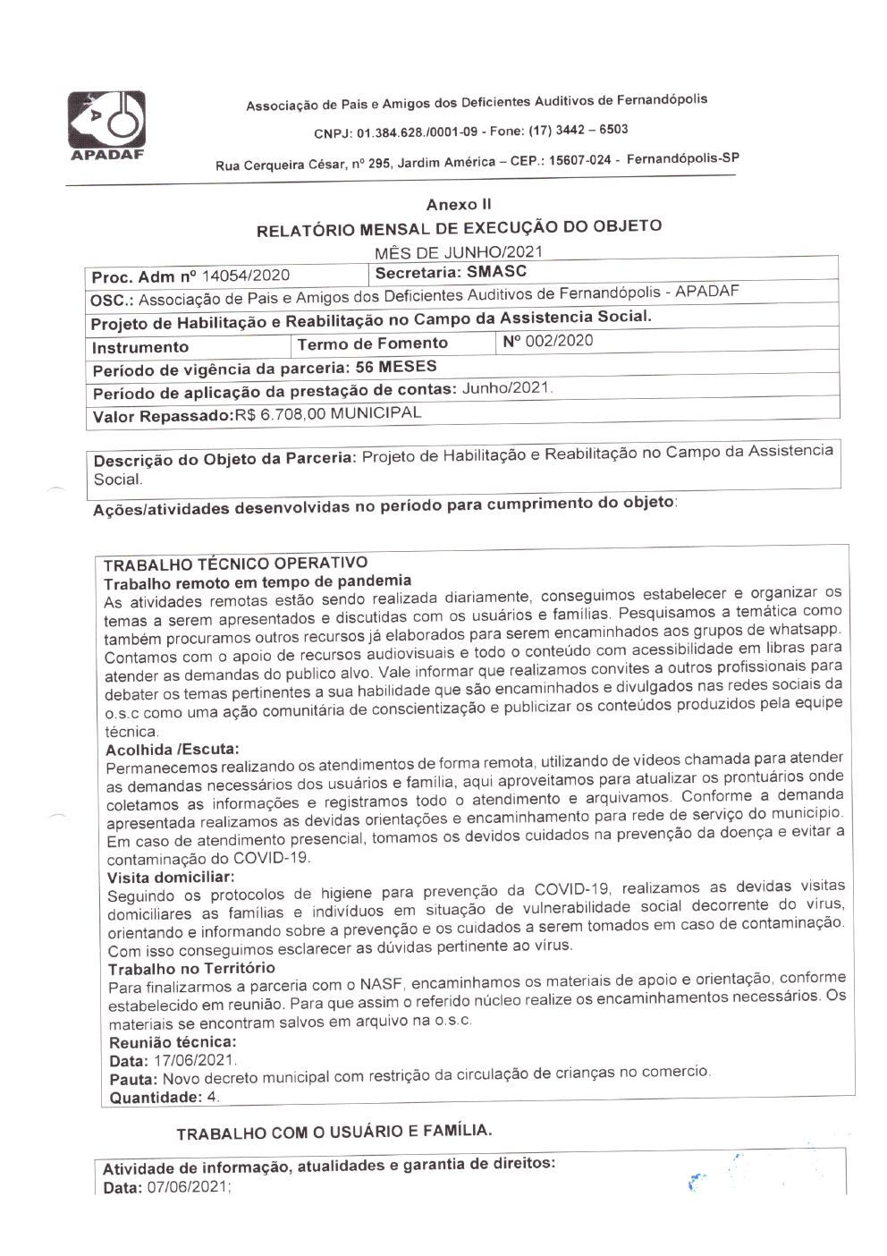 Página 6 de Prestação de Contas Mensal — Habilitação e Reabilitação — 6ª Parcela — Julho/2021