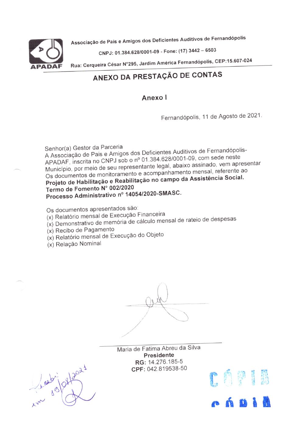 Página 1 de Prestação de Contas Mensal — Habilitação e Reabilitação — 7ª Parcela — Agosto/2021