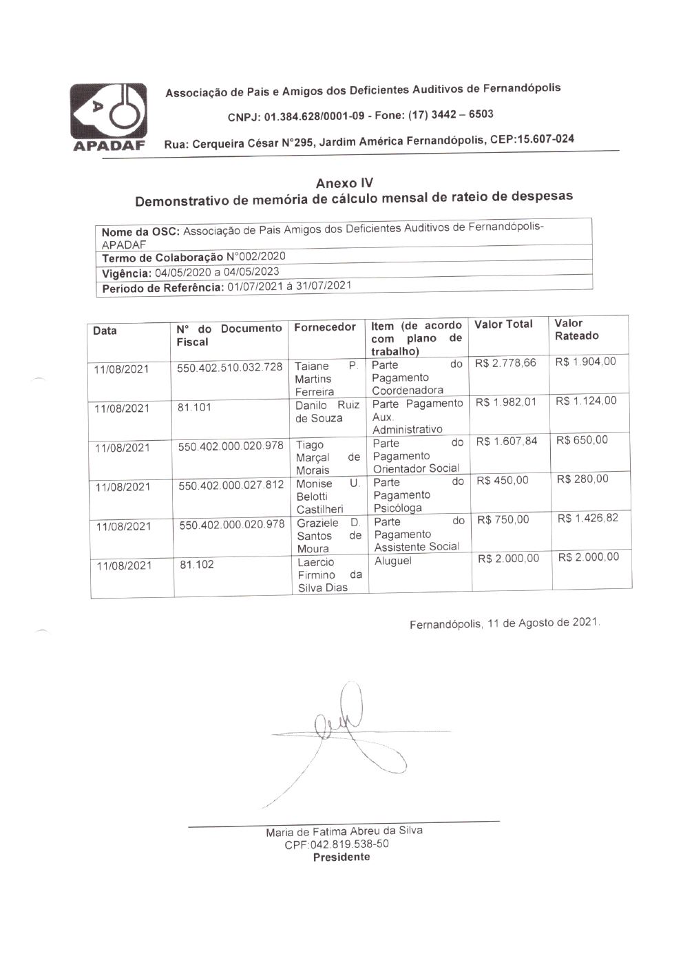 Página 4 de Prestação de Contas Mensal — Habilitação e Reabilitação — 7ª Parcela — Agosto/2021