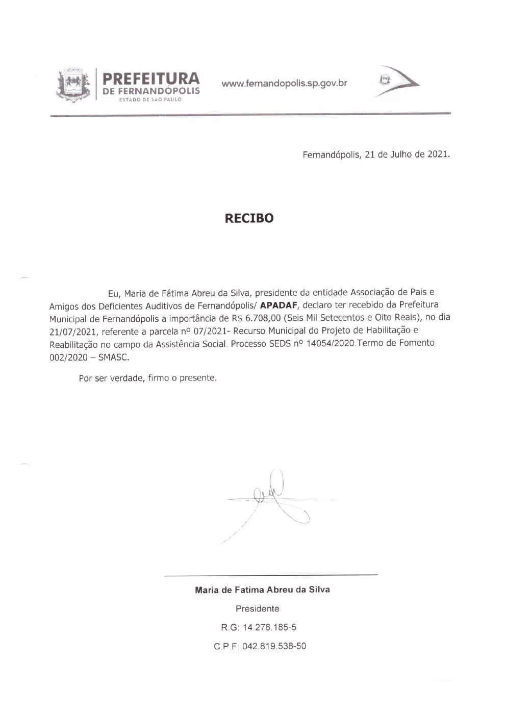 Página 5 de Prestação de Contas Mensal — Habilitação e Reabilitação — 7ª Parcela — Agosto/2021