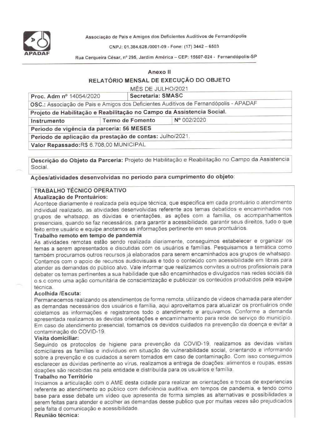Página 6 de Prestação de Contas Mensal — Habilitação e Reabilitação — 7ª Parcela — Agosto/2021
