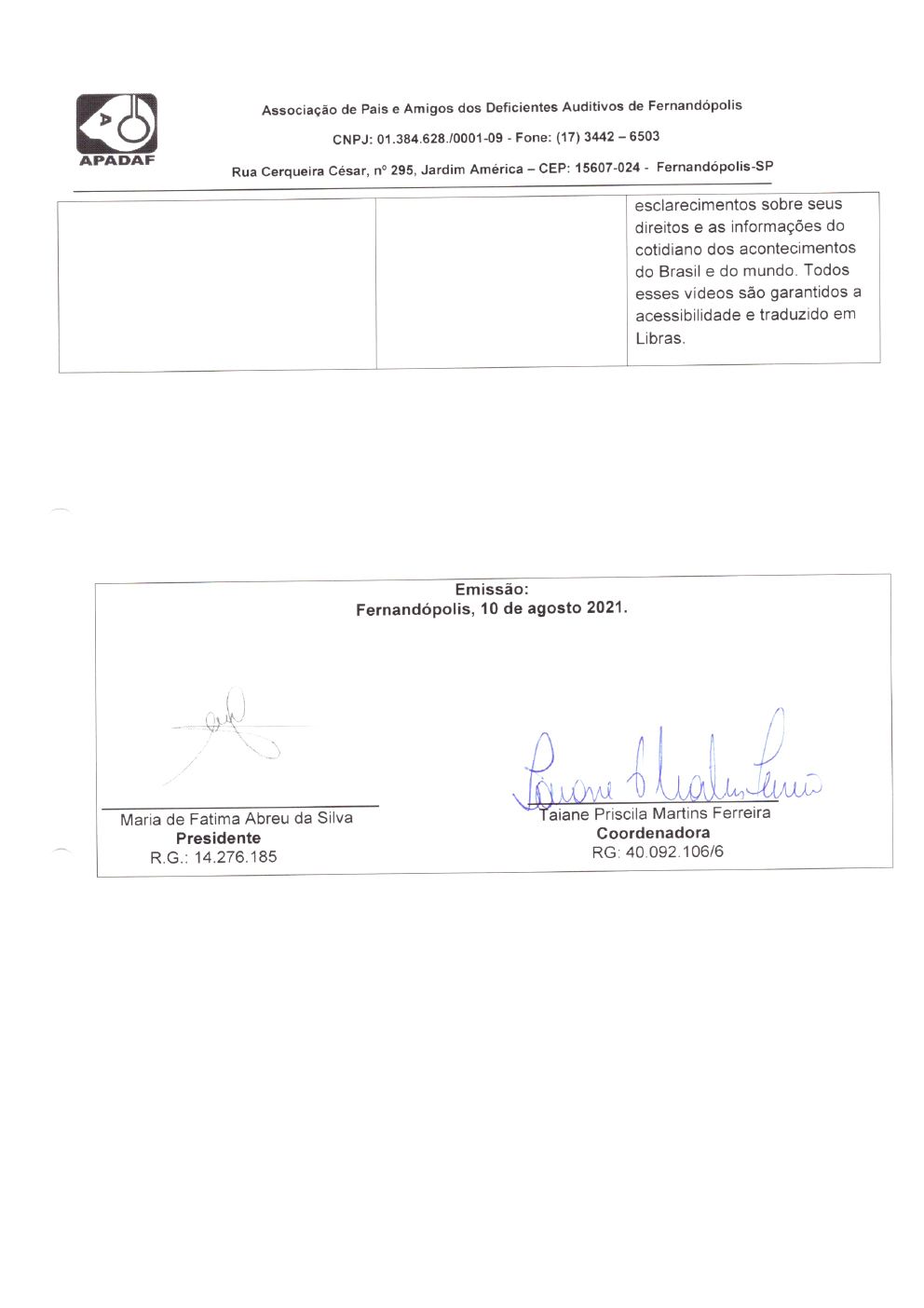Página 12 de Prestação de Contas Mensal — Habilitação e Reabilitação — 7ª Parcela — Agosto/2021