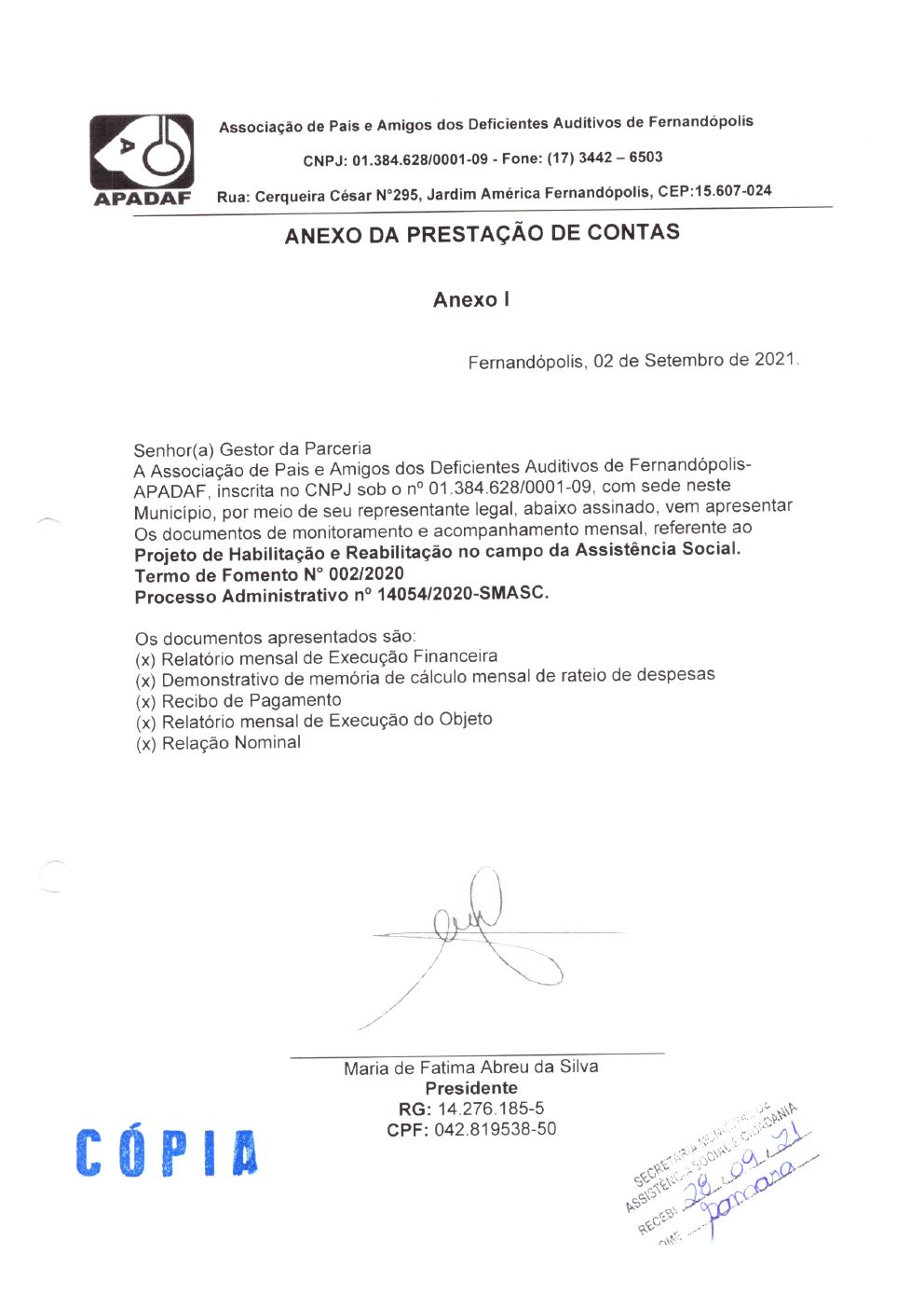 Página 1 de Prestação de Contas Mensal — Habilitação e Reabilitação — 8ª Parcela — Setembro/2021