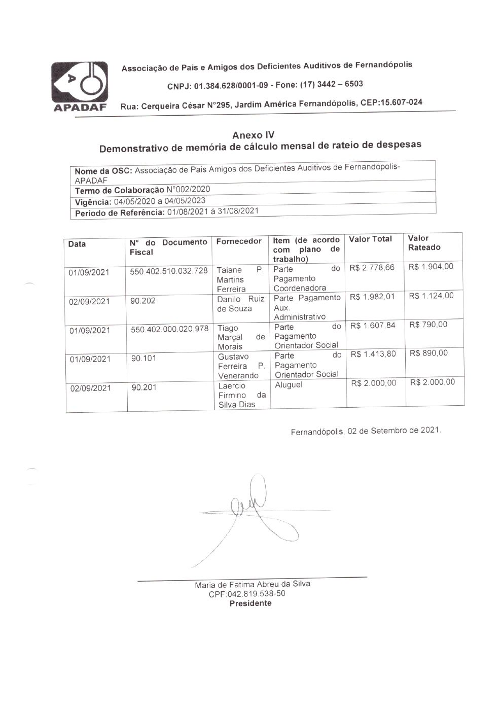 Página 4 de Prestação de Contas Mensal — Habilitação e Reabilitação — 8ª Parcela — Setembro/2021
