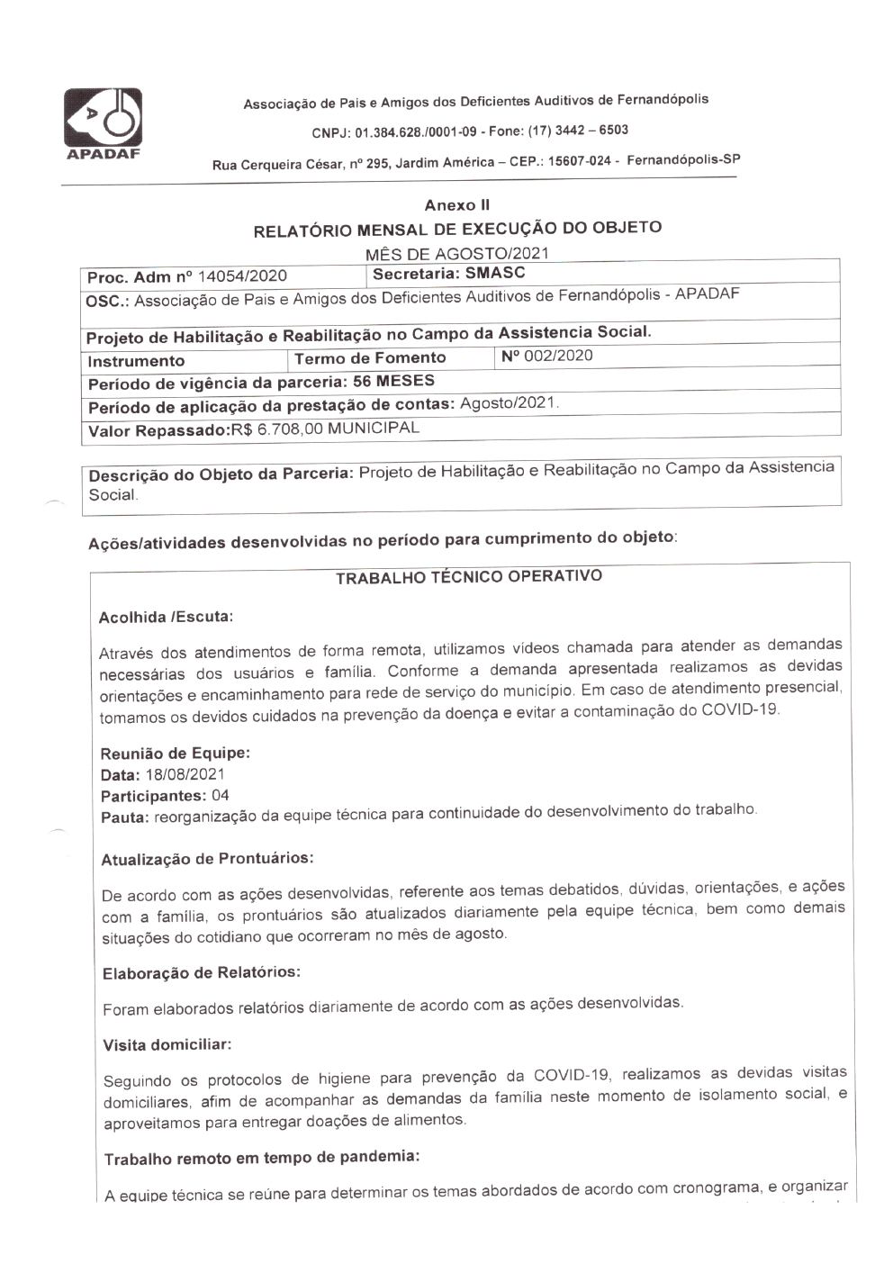 Página 6 de Prestação de Contas Mensal — Habilitação e Reabilitação — 8ª Parcela — Setembro/2021