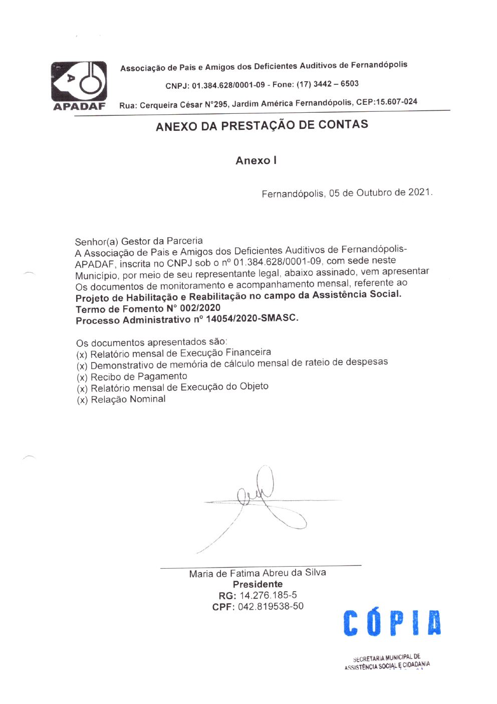 Página 1 de Prestação de Contas Mensal — Habilitação e Reabilitação — 9ª Parcela — Outubro/2021