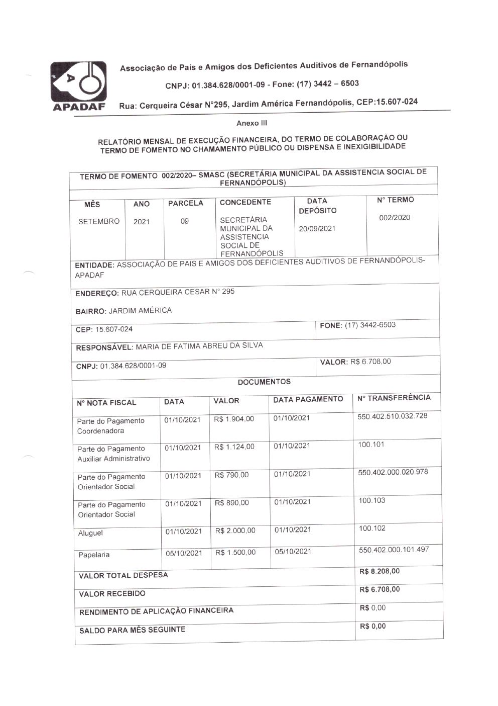 Página 2 de Prestação de Contas Mensal — Habilitação e Reabilitação — 9ª Parcela — Outubro/2021