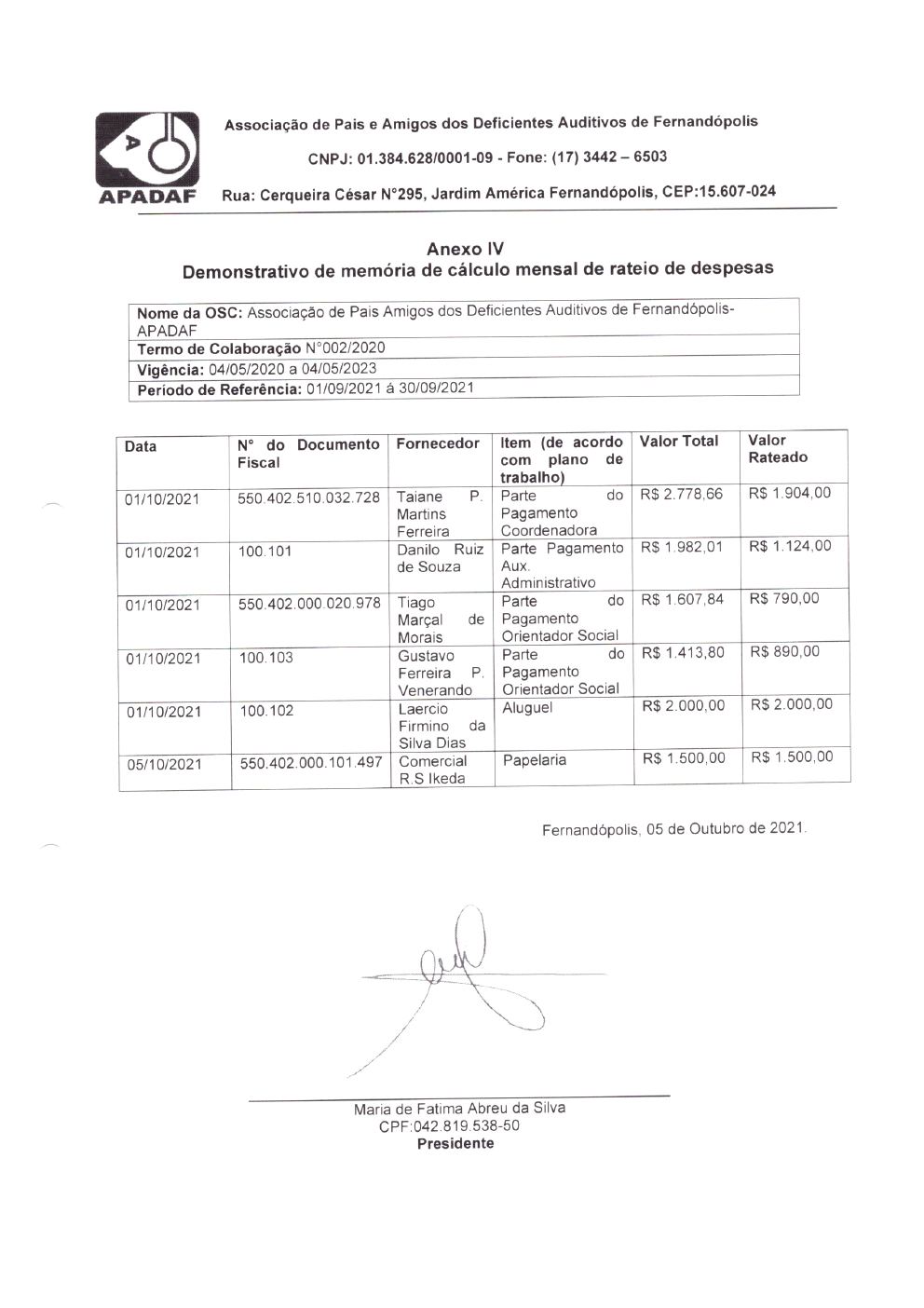 Página 4 de Prestação de Contas Mensal — Habilitação e Reabilitação — 9ª Parcela — Outubro/2021